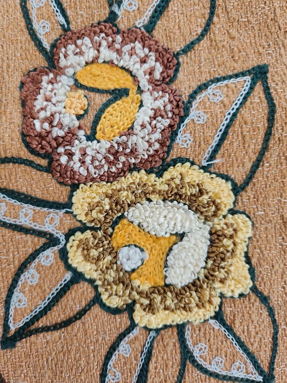 Vintage Floral Punch Needle Embroidered Arts & Crafts Style Table Runner Pair